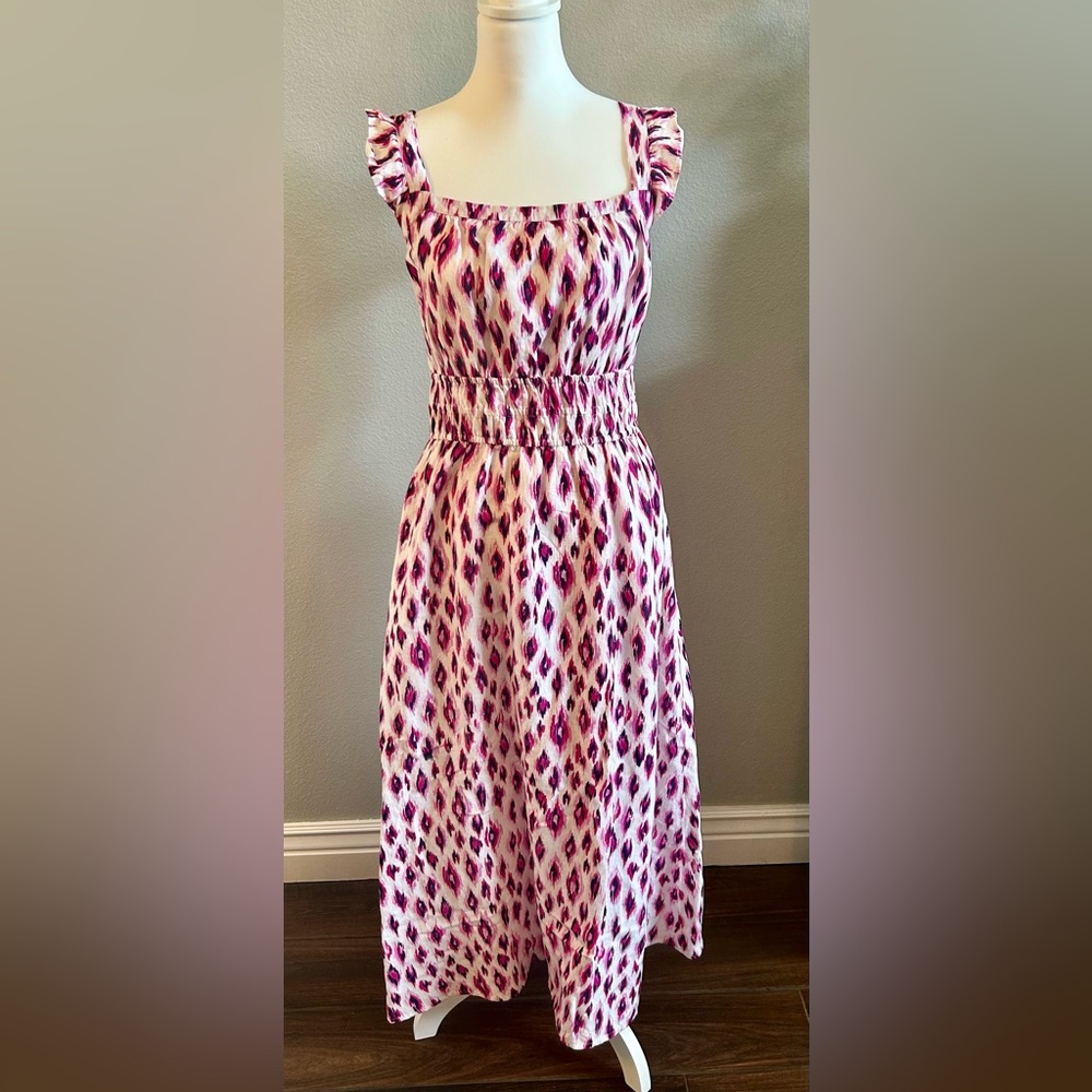 LOFT Animal Print Ruffle Strap Square Neck Midi Size Large